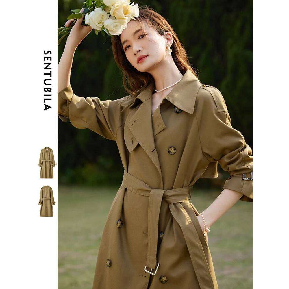 SENTUBILA Women's Belted Trench Coat Elegant Long Windbreaker Jacket Autumn Winter Double Breasted Maillard Outerwear 123F42871