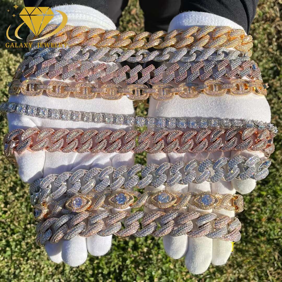 Factory Wholesale Baguette Cut Iced Out Moissanite Stone 20mm Thick 925 Sterling Silver Cuban Link Chain Necklace for Men