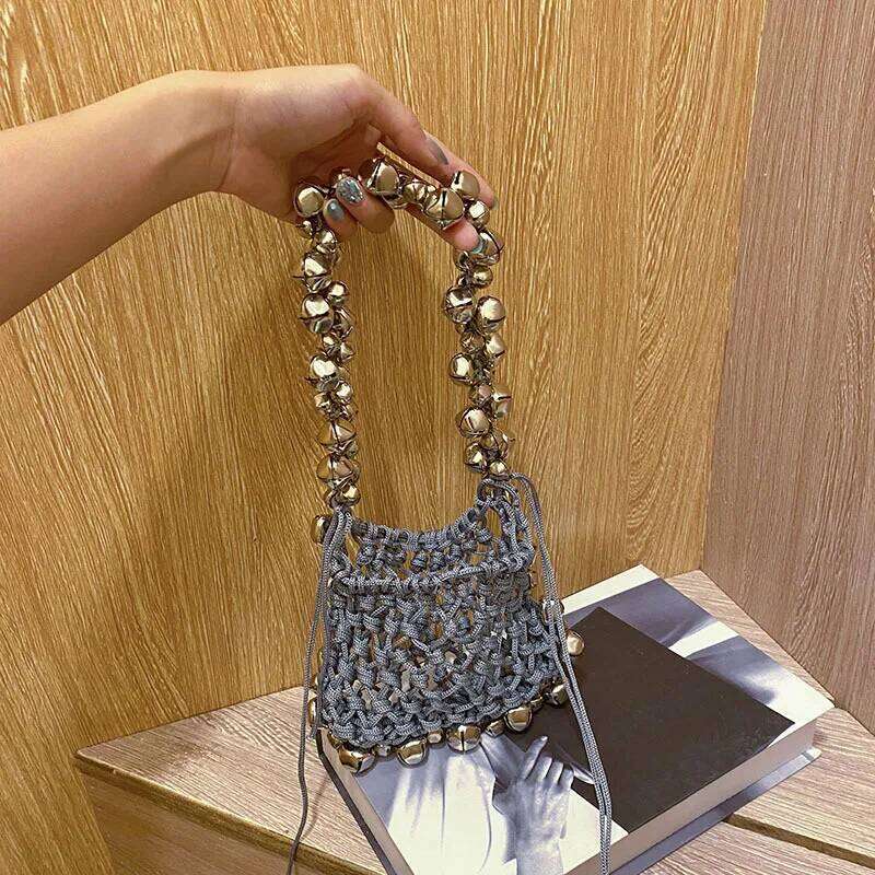 Women's Bags Designer Small Bell Shoulder Hollow Woven Bags For Women Rope Fishing Net Handbags And Purses Designer Drawstring Bag Flap NEW