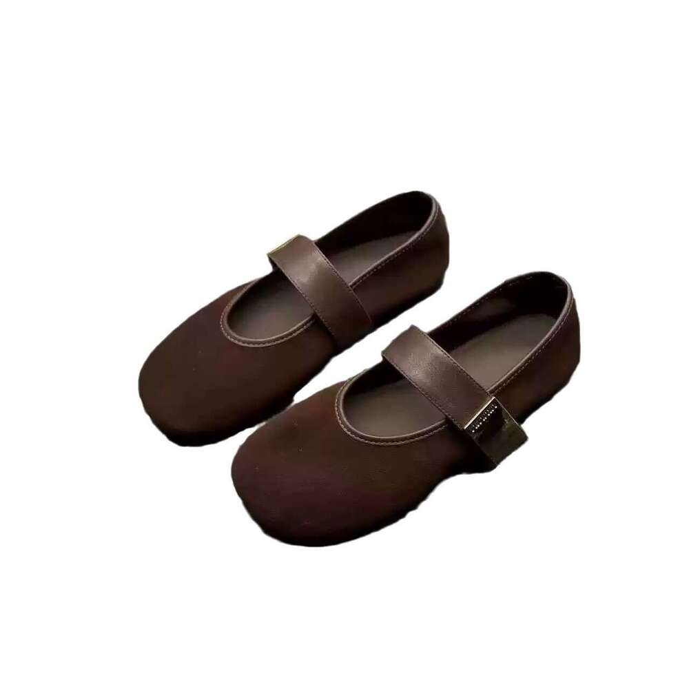 Genuine Leather Suede Round Toe Mary Jane for Women Spring and Autumn Versatile Cute Flat Ballet Shoes