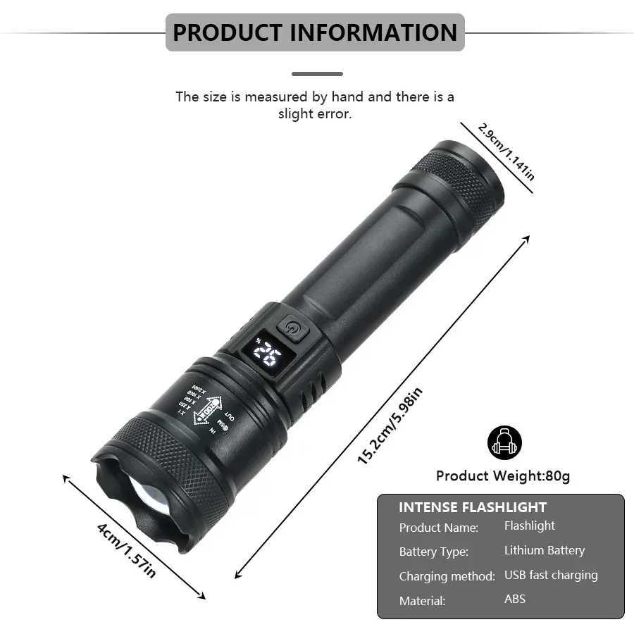 Powerful LED Flashlight with Battery Display USB Rechargeable Light Telescopic Zoom Torch Lamp Outdoor Camping Fishing Lantern XJ250529
