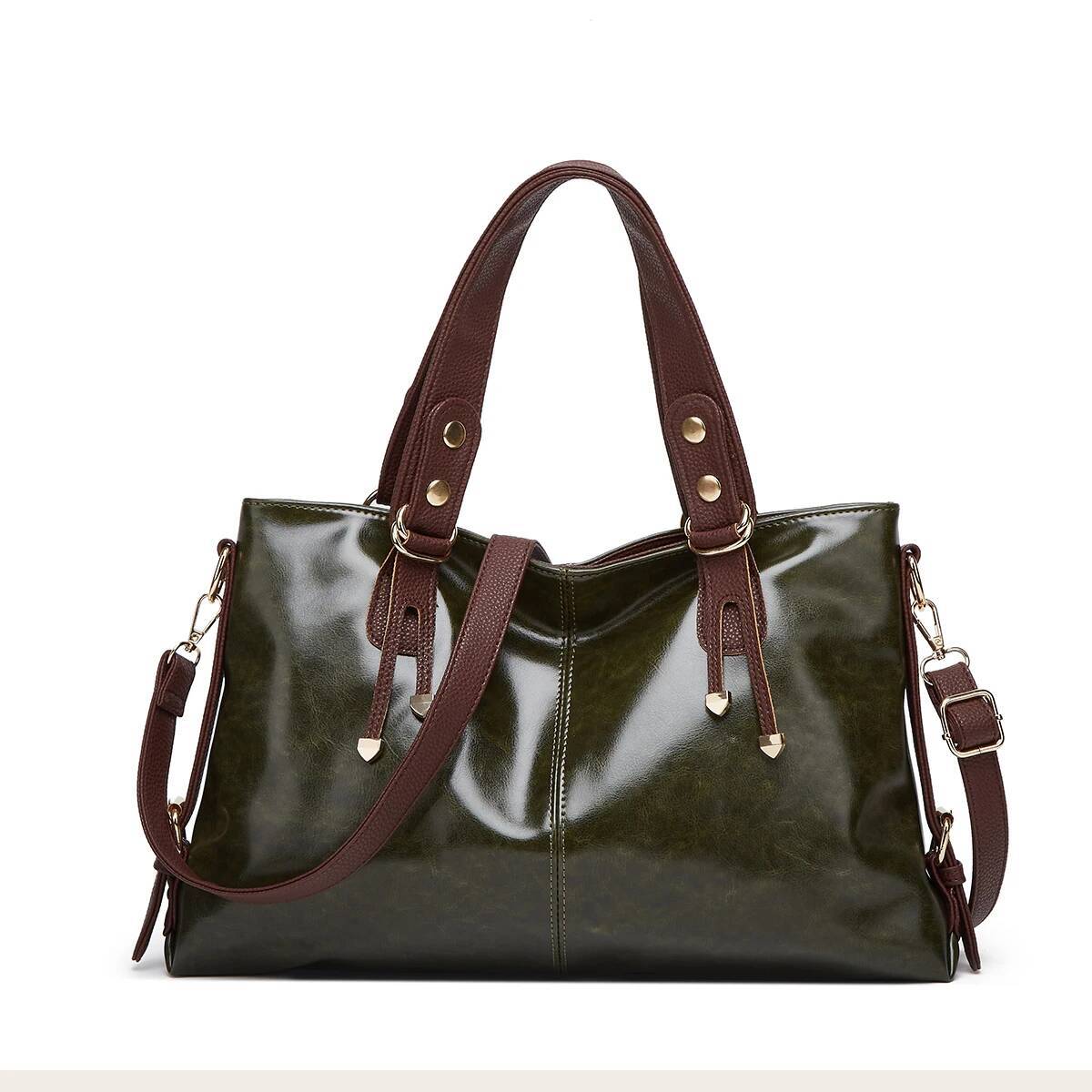 Retro Minimalist Atmosphere Large-Capacity Wide Shoulder Strap Solid Color Tote Bag, Ladies' Fashion Multi-Layered Wax Oil Leather