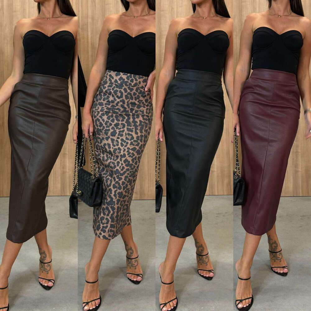 Autumn Winter Elegant High Waist Split Leather Fashion Slim Pocket PU Pencil Skirt B5