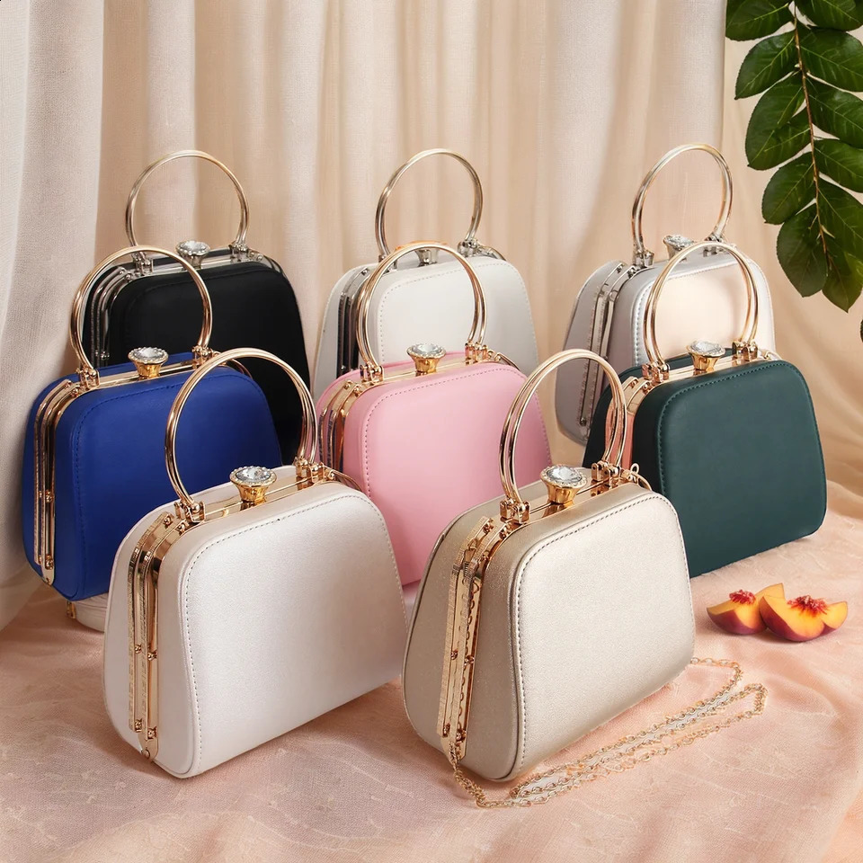 Ladies Elegant Solid Color Evening Bag Fashion PU Handbag Rhinestone Lock Buckle Hundred Shoulder Crossbody Bag with Chain 250528