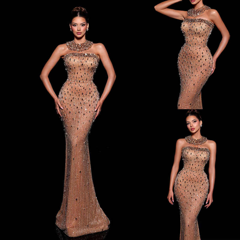 Luxurious Evening Dresses For Women Strapless Sleeveless Gown Sequins Crystal Sweep Train Dress Party Customized Dress