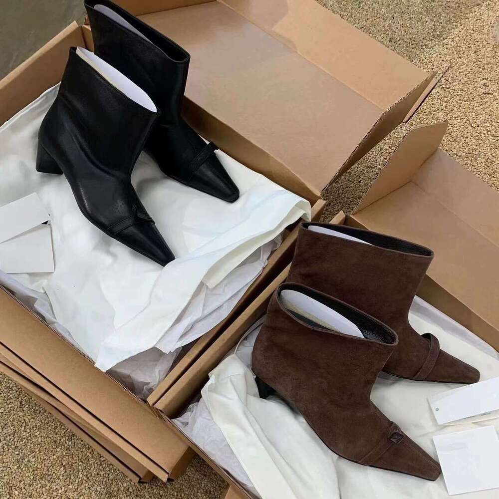 Genuine Leather Niche Melard High Heel Ankle for Women 2024 New Autumn Winter Wide Tube Small Square Toe Mid-Calf Martin Boots