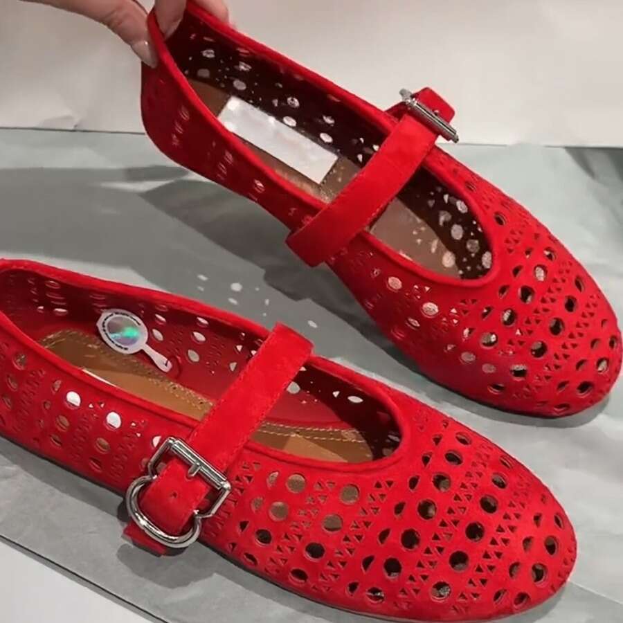 Genuine Leather Niche Carved Hollow Shallow Mouth Little Red One-Strap Mary Jane Single Women Summer Autumn Ballet Flat Shoes