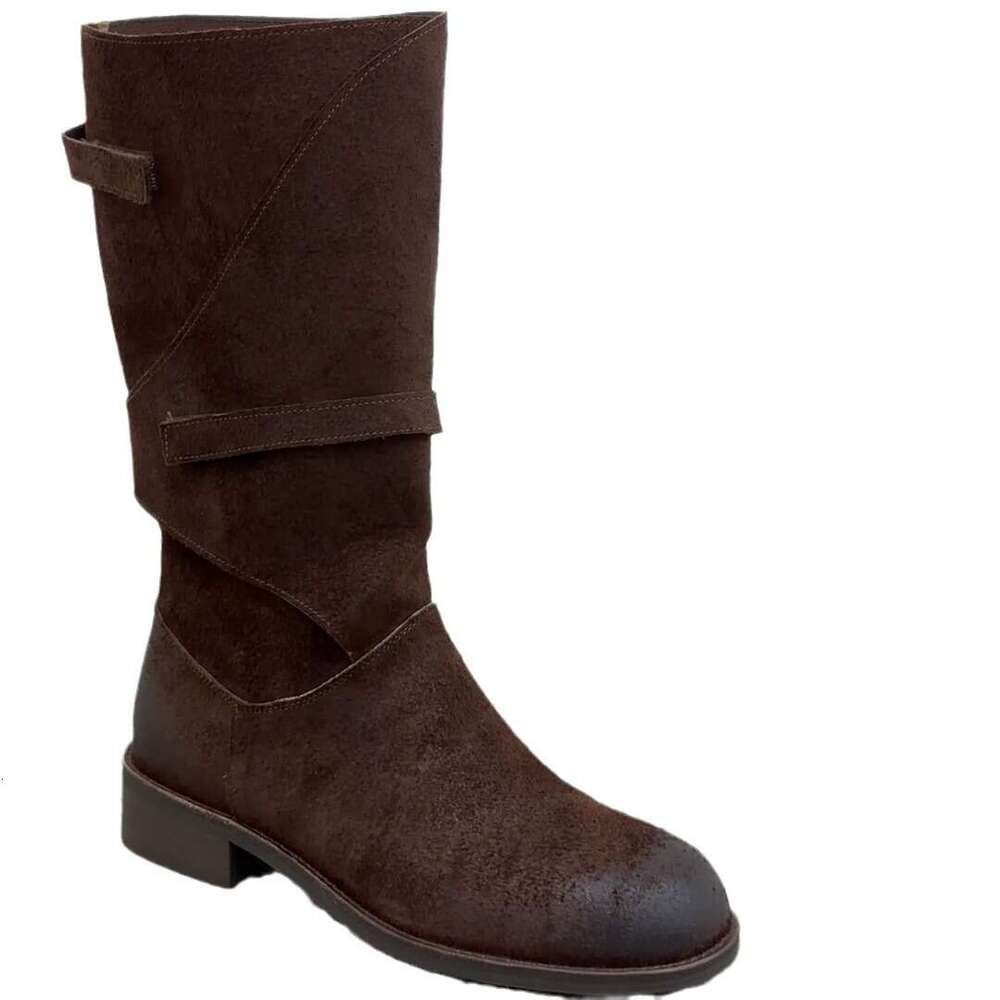 Niche Vintage Style Long Riding for Women Autumn Winter Thick Heel Round Toe Mid-High Boots
