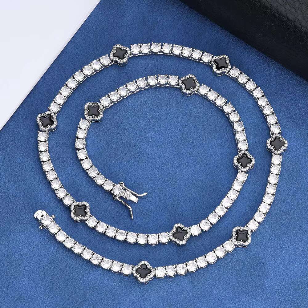 NUOAY Hip Hop Jewelry 4mm Iced Out Moissanite Tennis Chain Black Four Leaf Clover Tennis Chain Necklace Gift for Men Women