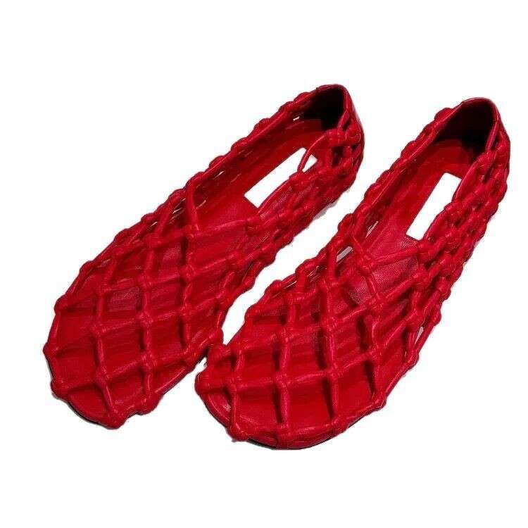 Cowhide Version ~ Niche Fishnet Woven Hollow Round Toe Flat Shoes for Women 2025 Spring Summer Ballet Sandals
