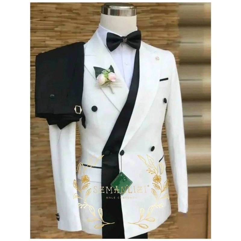 Double Breasted White Black Wedding Suits for Men Fashion Slim Fit Groom Man Wedding Tuxedo Formal Prom Wear 2 Pieces Set 250520