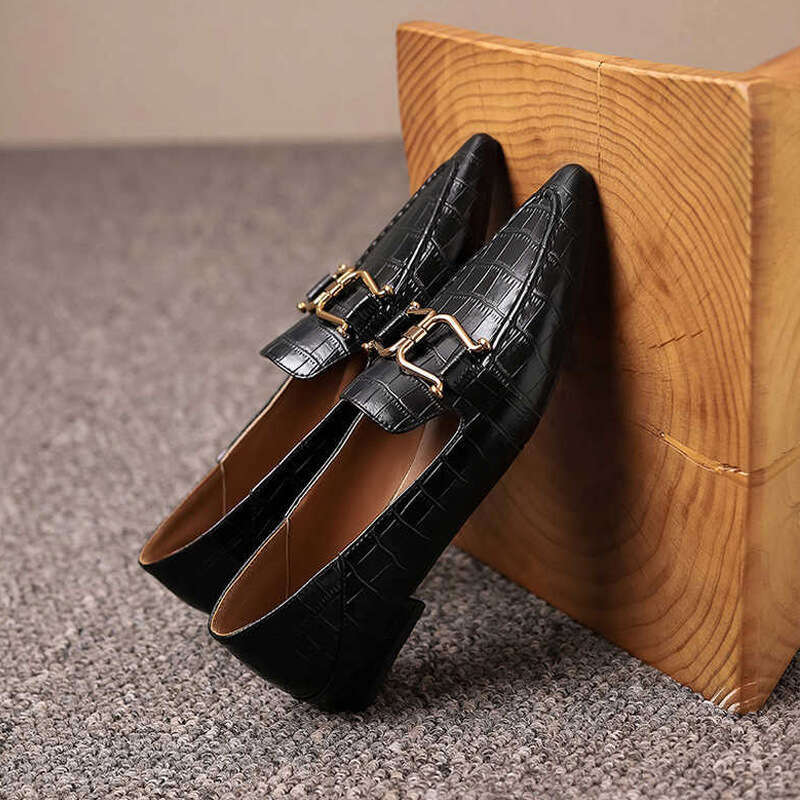 French Style Genuine Loafers Pointed Toe Metal Buckle Flat Small Slip-On Low Heel Mid-Open Soft Leather Single Shoes