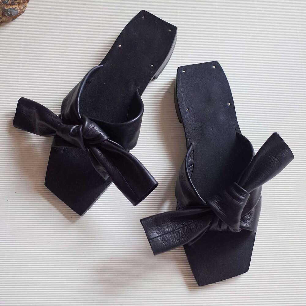 Cowhide Version ~ Niche Cross Bowknot Square Toe Slippers for Women Outdoor 2025 Summer Flat Low Heel One-Strap Sandals