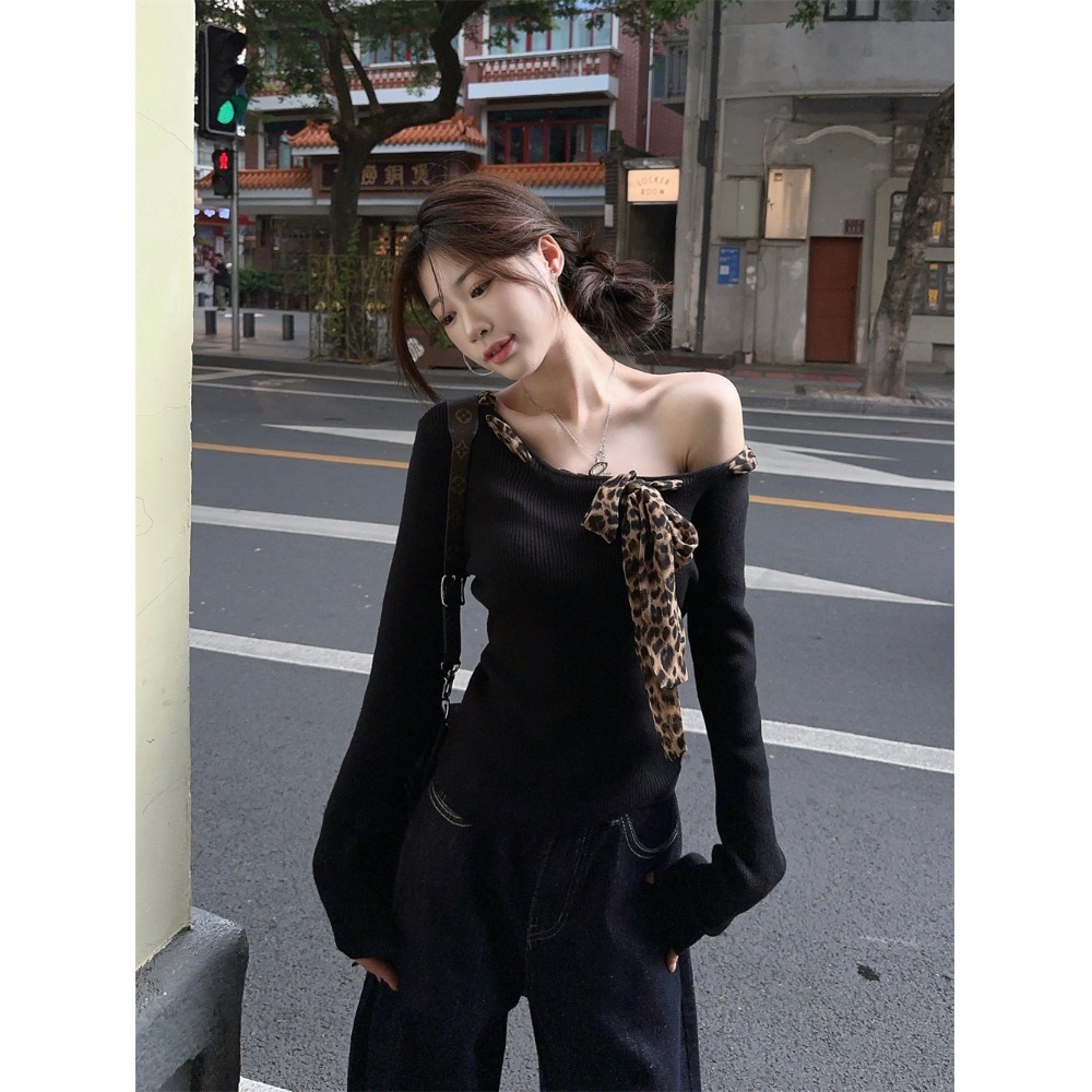 Designer Shirt Leopard Print Lace Up Off Shoulder Shirt For Women Soft And Slim Fit Off Shoulder Top 2025 New Fashion Designer