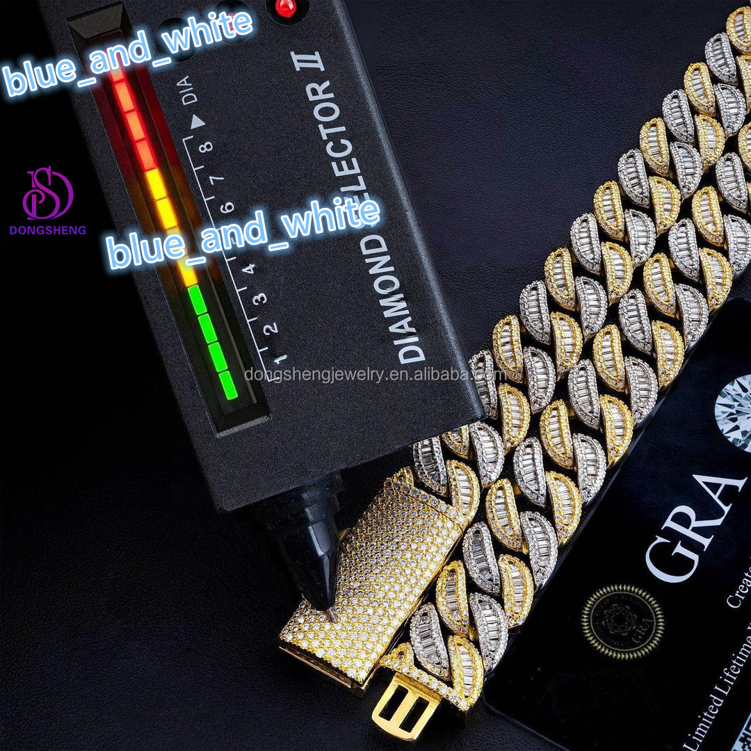 Hip Hop Jewelry Tone Two 15mm Baguette 925 Silver Iced Out Necklace Vvs Diamond Moissanite Cuban Bracelet