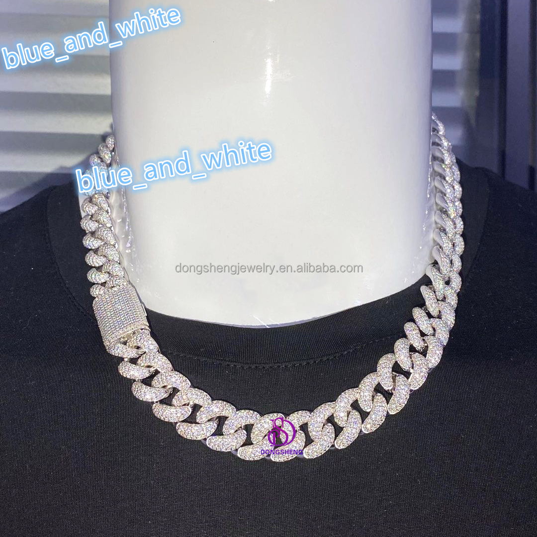 Fashion Jewelry High Quality Hip Hop 925 Silver Necklaces 15mm Ice Out Vvs Moissanite Diamond Cuban Link Chain