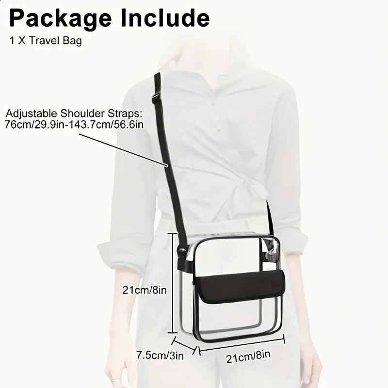 1pc Clear Shoulder Bag Transparent Crossbody Tote with Adjustable Strap Zipper Closure and Front Magic Tape Pocket 250528