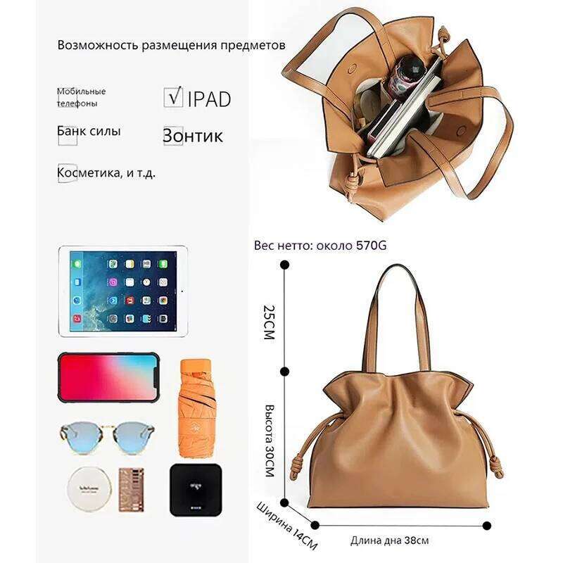 2025 High-End Women's Bucket Lady Unique Drawstring Pleated Shoulder Bag Soft Split Cowhide Leather Cloud Tote Handbag New