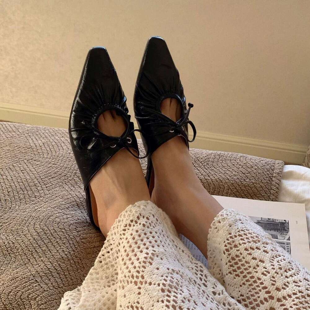 Genuine Leather French Niche Pleated Lace-up for Women 2025 Spring Summer Fashion Pointed Toe Flat Mules