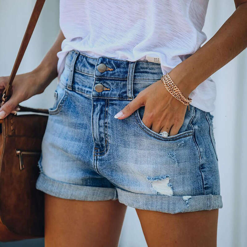 Shorts Women Denim Shorts Trendy Ripped Cuffed Elastic High Waist Denim Shorts For Women Jean Shorts