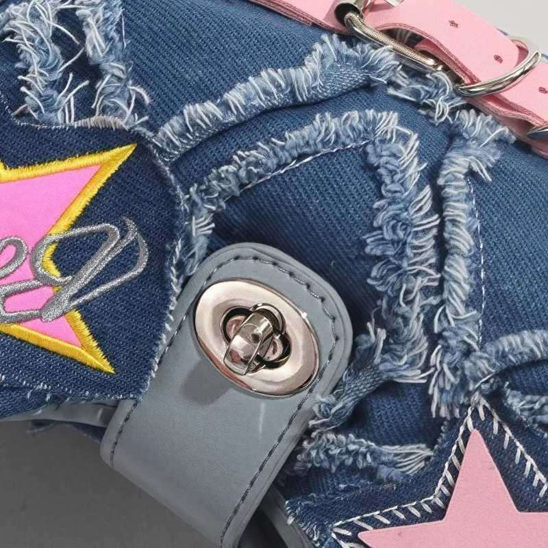 y2k Hot Girl style pink five-pointed star applied-designed fringed denim crossbody bag A-DH XJ250604