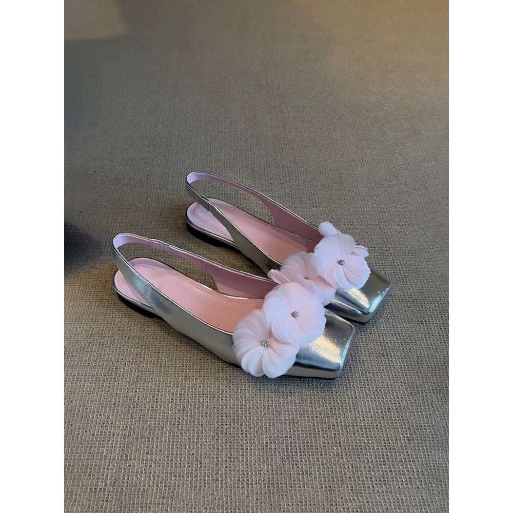 Cowhide Version ~ Fairy Style Flower Peep-Toe Sandals for Women 2025 Summer New Square Toe Flat Back Strap Single Shoes