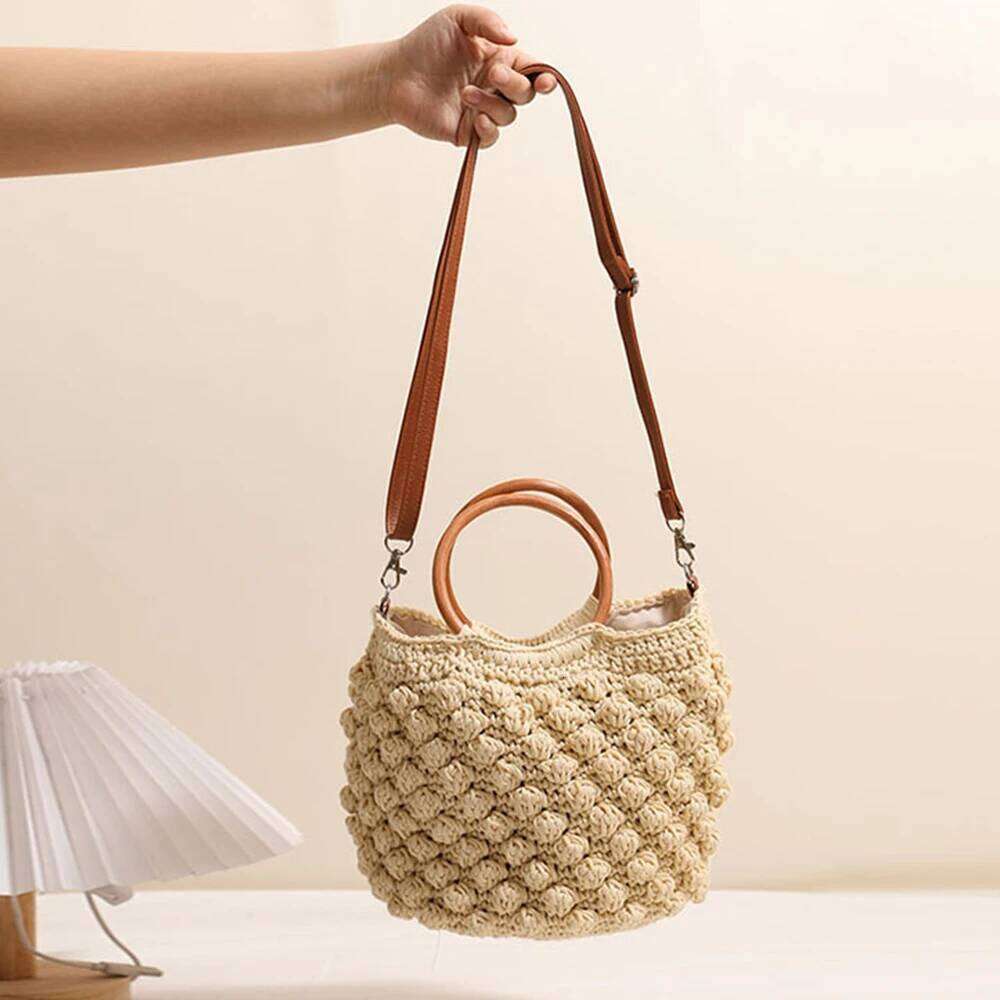 Women's Bags Designer Handmade Crochet Tote Bags For Women Round Wooden Handle Handbag Rope Knitted Beach Shoulder Woven Crossbody Bag Shopper NE