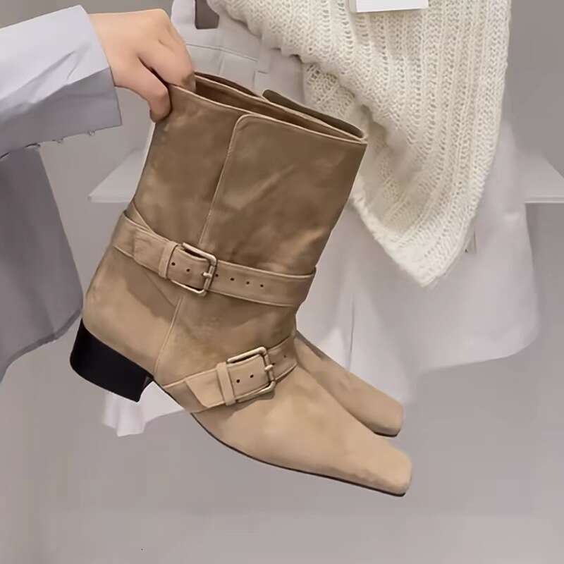 Korean Style Niche Suede Belt Buckle Chunky Heel Square Toe Short Slim Women Autumn Winter Western Cowboy Boots
