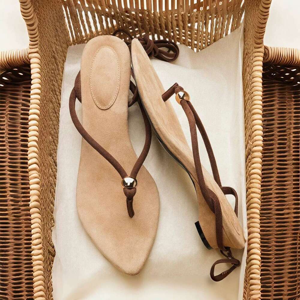 Sheepskin Version ~ Niche Pointed Toe Post Two-Way Lace-Up Roman Sandals for Women 2025 Summer New Thick Heel Slippers