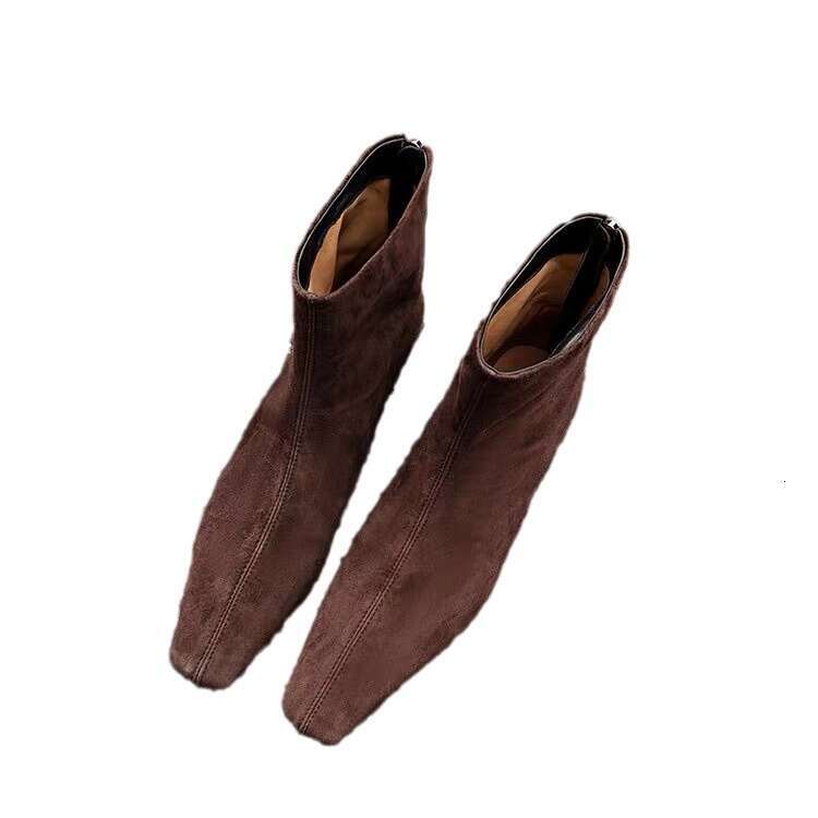 Genuine Leather Matte Korean Style Slim for Women 2024 New Autumn Winter Back Zipper Flat Small Square Toe Short Boots