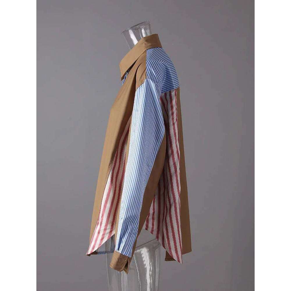Women's Wear Women Khaki Striped Color-Block Big Size Casual Blouse New Lapel Long Sleeve Shirt Fashion Tide Spring Autumn 7Ab8930