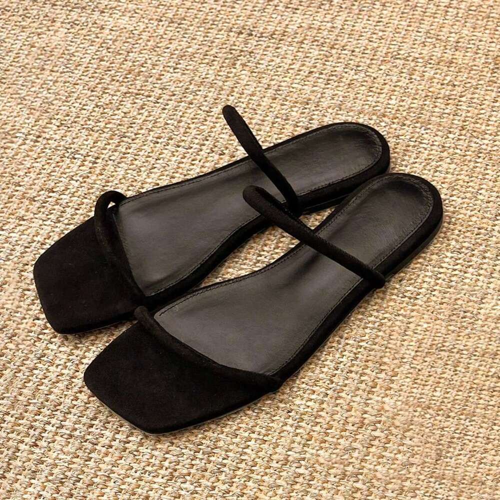 Sheepskin Version ~ Suede Niche Simple One-Strap Sandals for Women 2025 Summer Square Toe Flat Shoes Outdoor Slippers