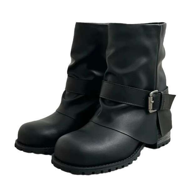 Genuine Leather Niche Korean Style Belt Buckle Chimney Sleeve Tube Pants Women Autumn Winter New Thick Heel Round Toe Short Boots