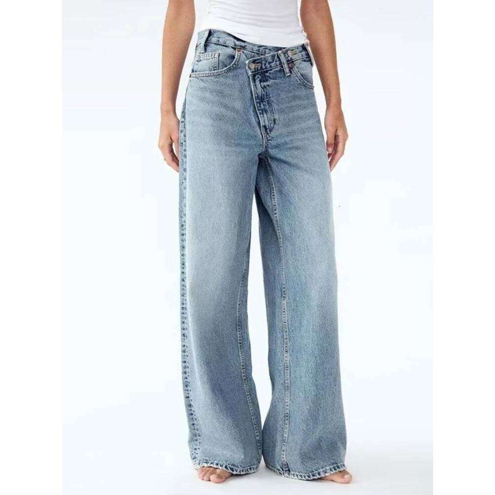 Women Wide Leg Vintage Irregular Washed Denim Trousers Aesthetic Baggy Straight Asymmetrical Jeans High Waist