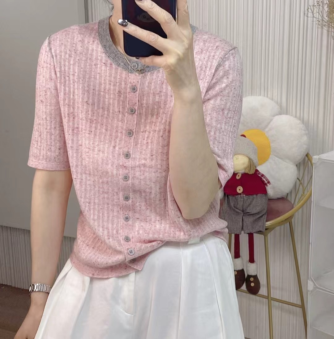 Summer thin women's T-shirt color collision round neck single-breasted fine pit leisure short-sleeved knit shirt