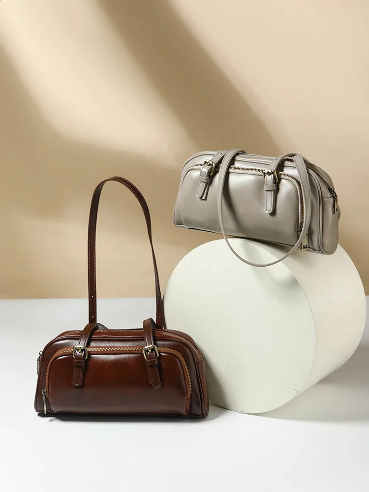 Genuine Leather Underarm retro baguette bag for women Shoulder Bag First layer cow leather handbag crossbody bowling 250528