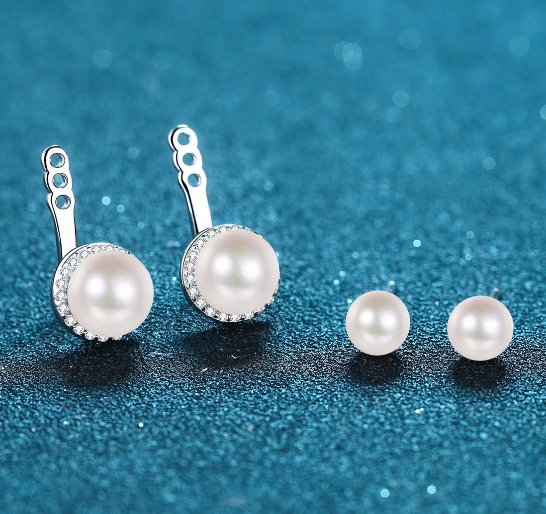 Sophisticated PT950 Gold Gilt 925 Silver Earings For Her Adorned by Dazzling Moissantes & Natural White Pearls