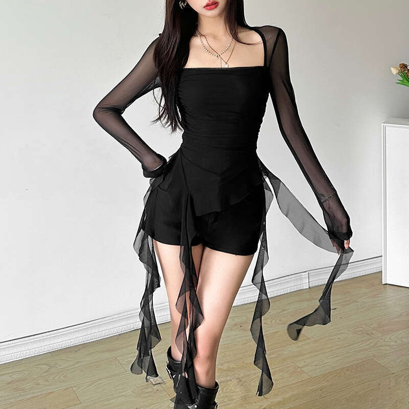 Autumn New Women's Fashion Sexy Square Neck Sheer Slim Fit Top With Ruffle Irregular T-Shirt B5
