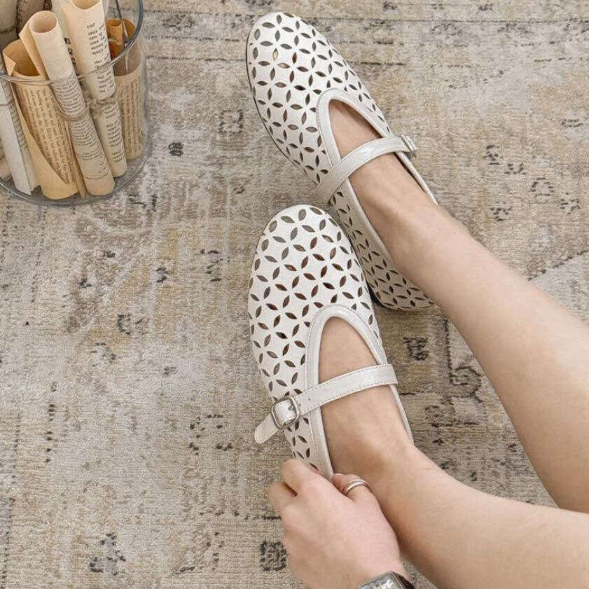 Genuine Leather Hollow Laser Hole One-Strap Flat Ballet Mary Jane Shoes Women's Spring Summer Sandals