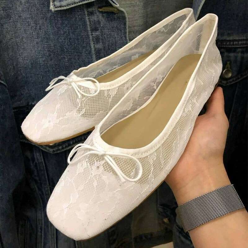 Genuine Leather Korean Style Mesh Lace Bow Ballet for Women 2025 Spring Summer Versatile Square Toe Shallow Mouth Flat Shoes