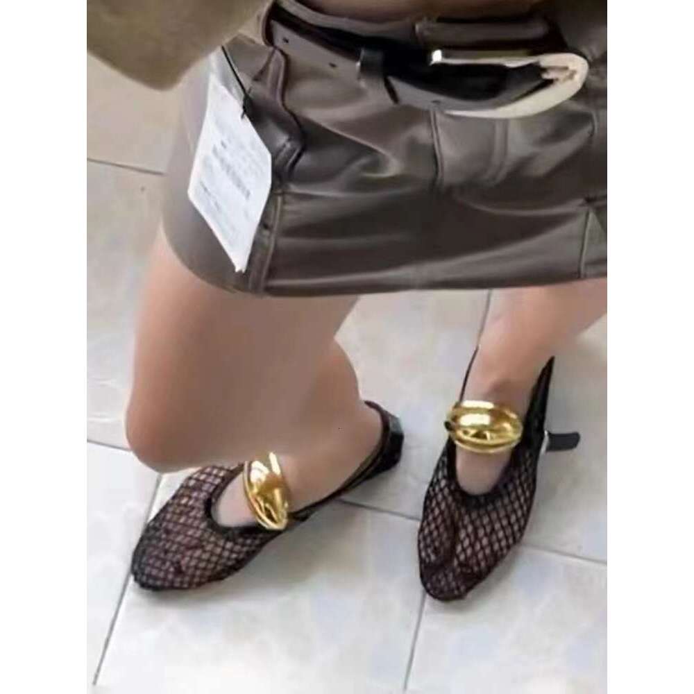 Red Metal Buckle Fishnet Hollow Flat Ballet One-Strap Mary Jane Women's Spring Summer Style Single Shoes Sandals