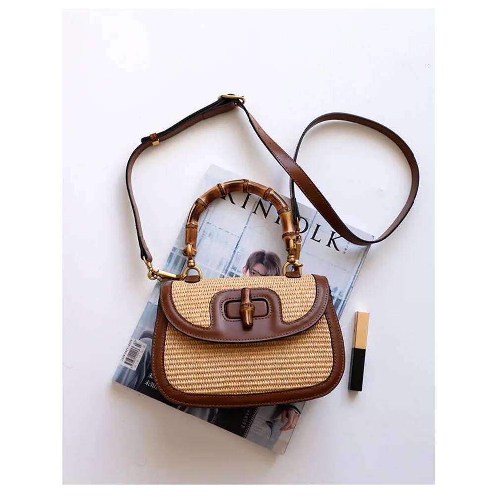 Genuine Leather Handbags for Women, Ladies Designer Handle Bags, Brandy Natural Bamboo Hand Bag, High Quality
