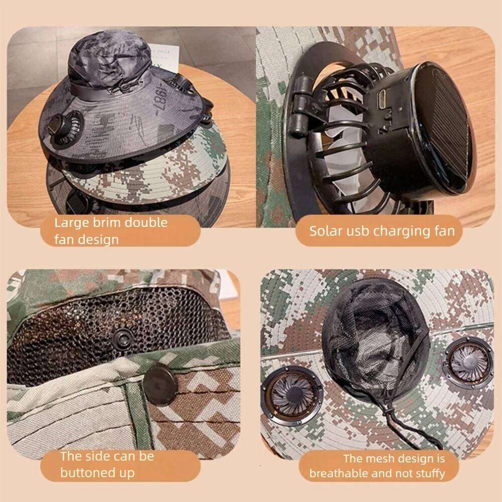 with UV Protection Solar Fan Adjustable 3 Speeds Wide Brim Sun Cap Camouflage Breathable Cooling Fisherman Hat Outdoor