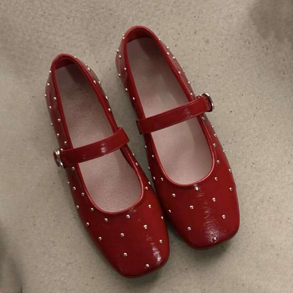 Genuine Leather Korean Style Studded Square Toe Mary Jane for Women 2025 Spring Versatile Flat Shallow Mouth Red Single Shoes