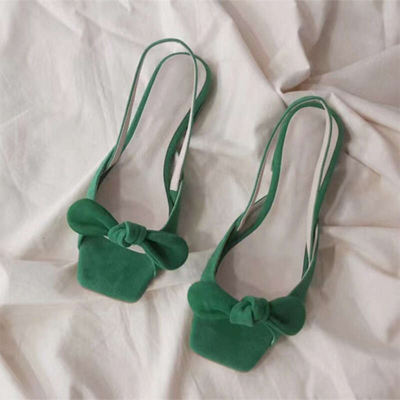 French Style Velvet Green Square Strap Open Toe Sandals for Women Summer Bow Flat Low Heel Slippers