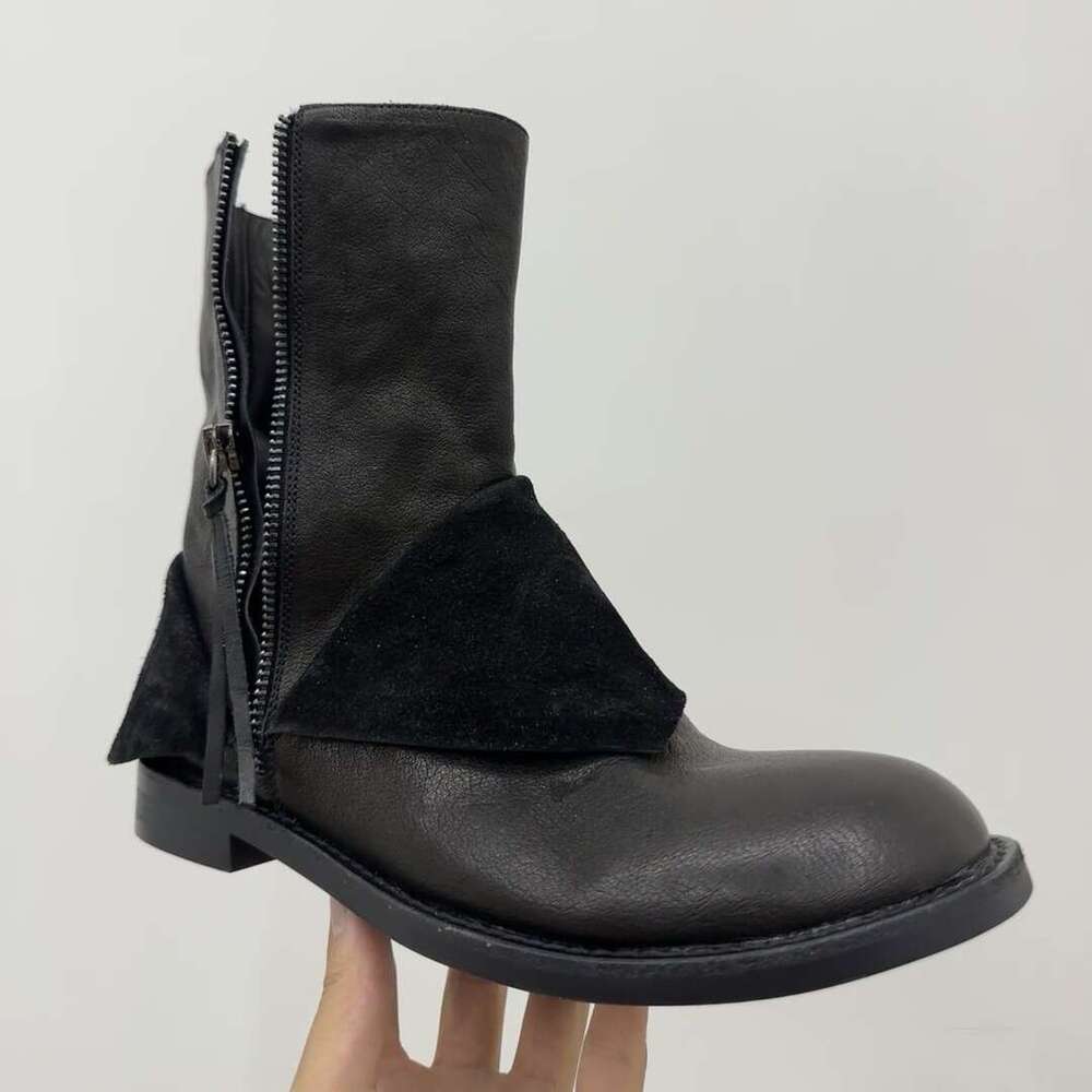 Genuine Leather Niche Design Upper Patchwork Chunky Round Toe Side Zipper Thick Heel Martin Women 2024 Autumn Winter Short Boots