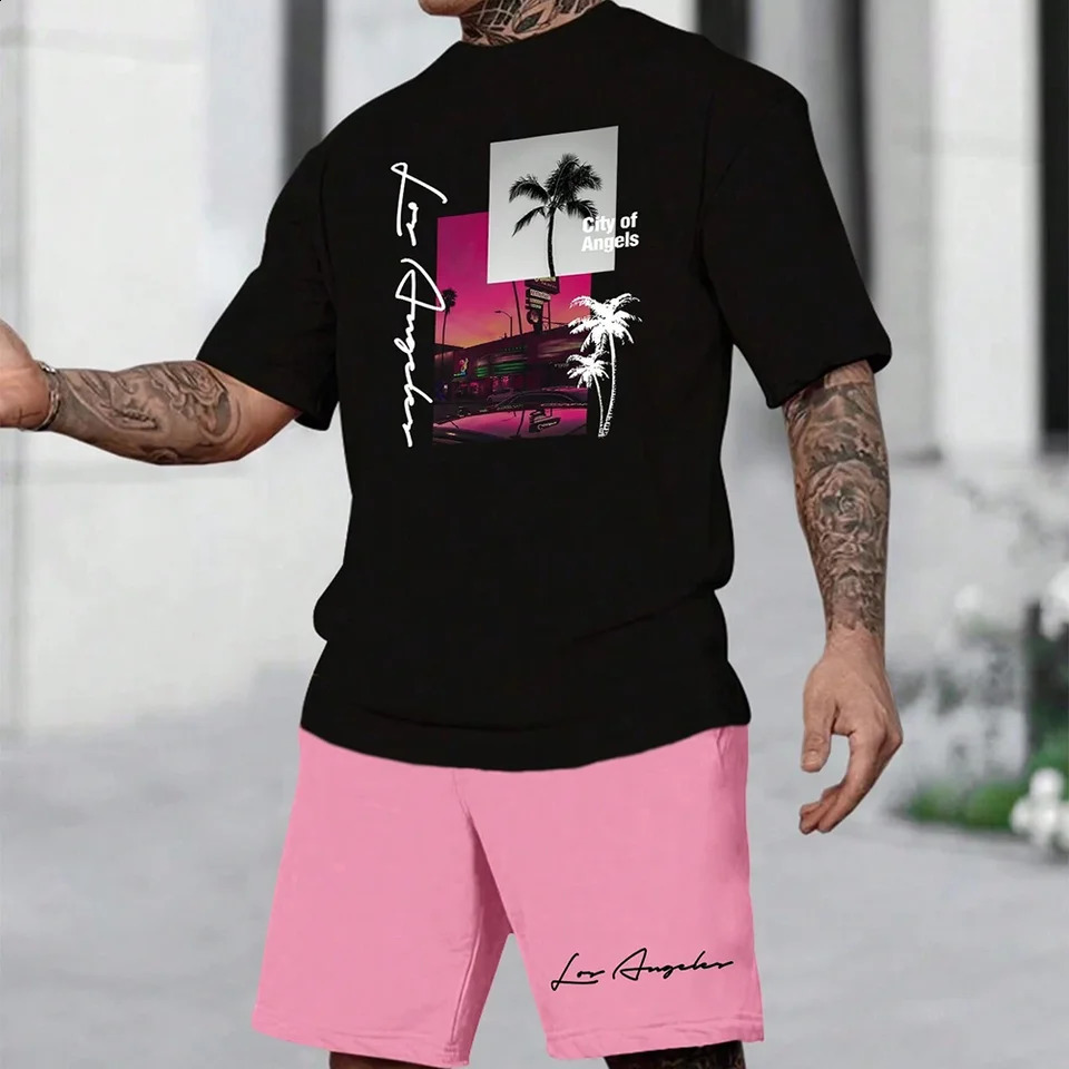 3D printed mens short sleeved fashionable Tshirt dopamine beach casual shorts set soft and comfortable 250520Z