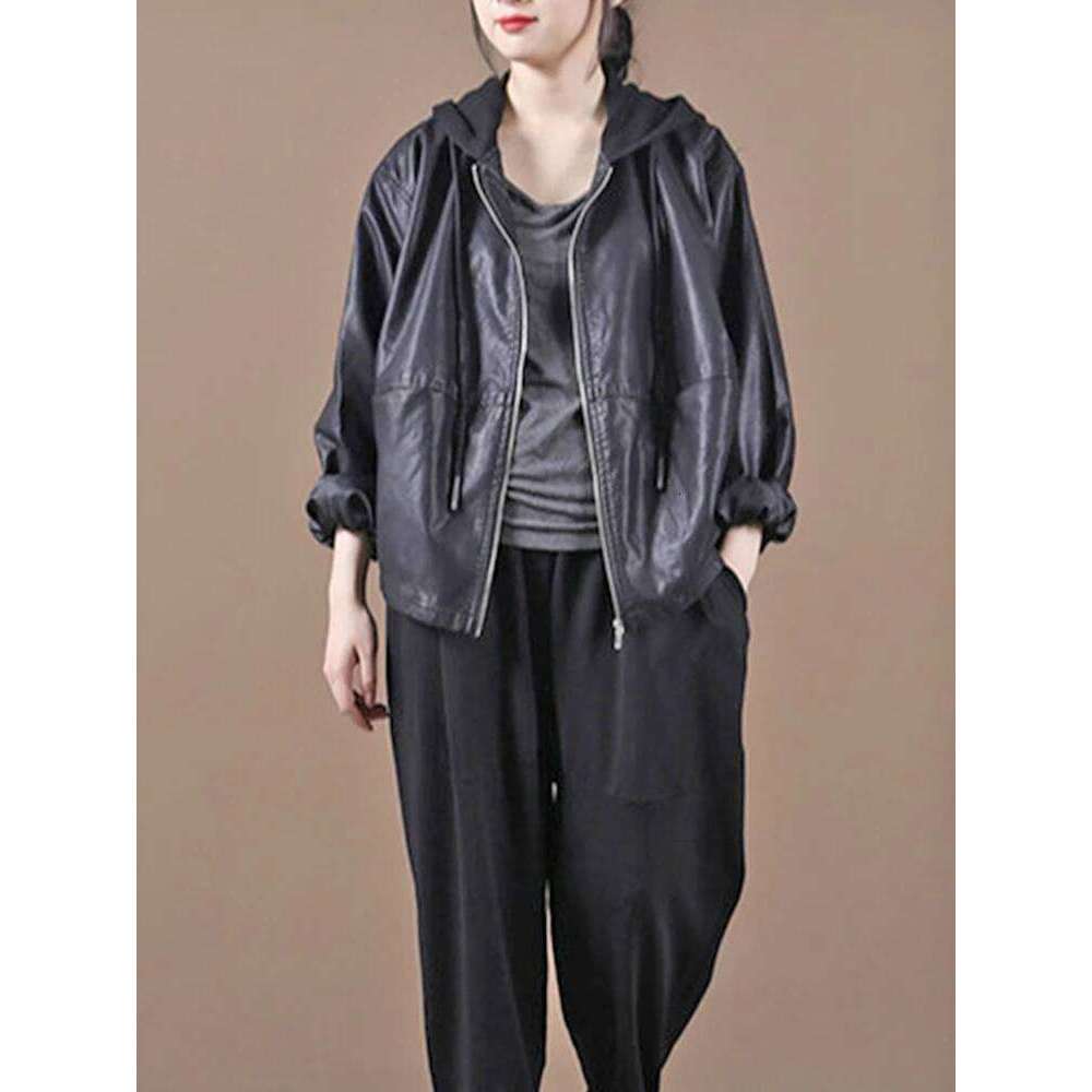 Amax luluE Autumn European Womens Black Hooded Faux Leather Jackets Ladies Classic Leisure Pu Biker Coat Loose Vintage Clothing