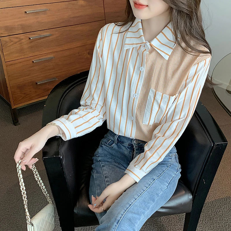Korean Loose Casual Womens Shirt Blouses Sweet Striped Sweet For Women Top Patchwork Pocket Shirt Summer In Clothes 250529Z
