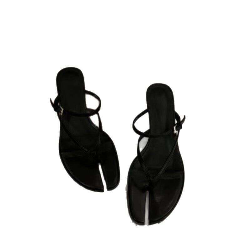 Genuine Leather Niche Split Thin Strap Toe Post Sandals for Women 2025 Spring Summer Fashion Beach Low Heel Slippers